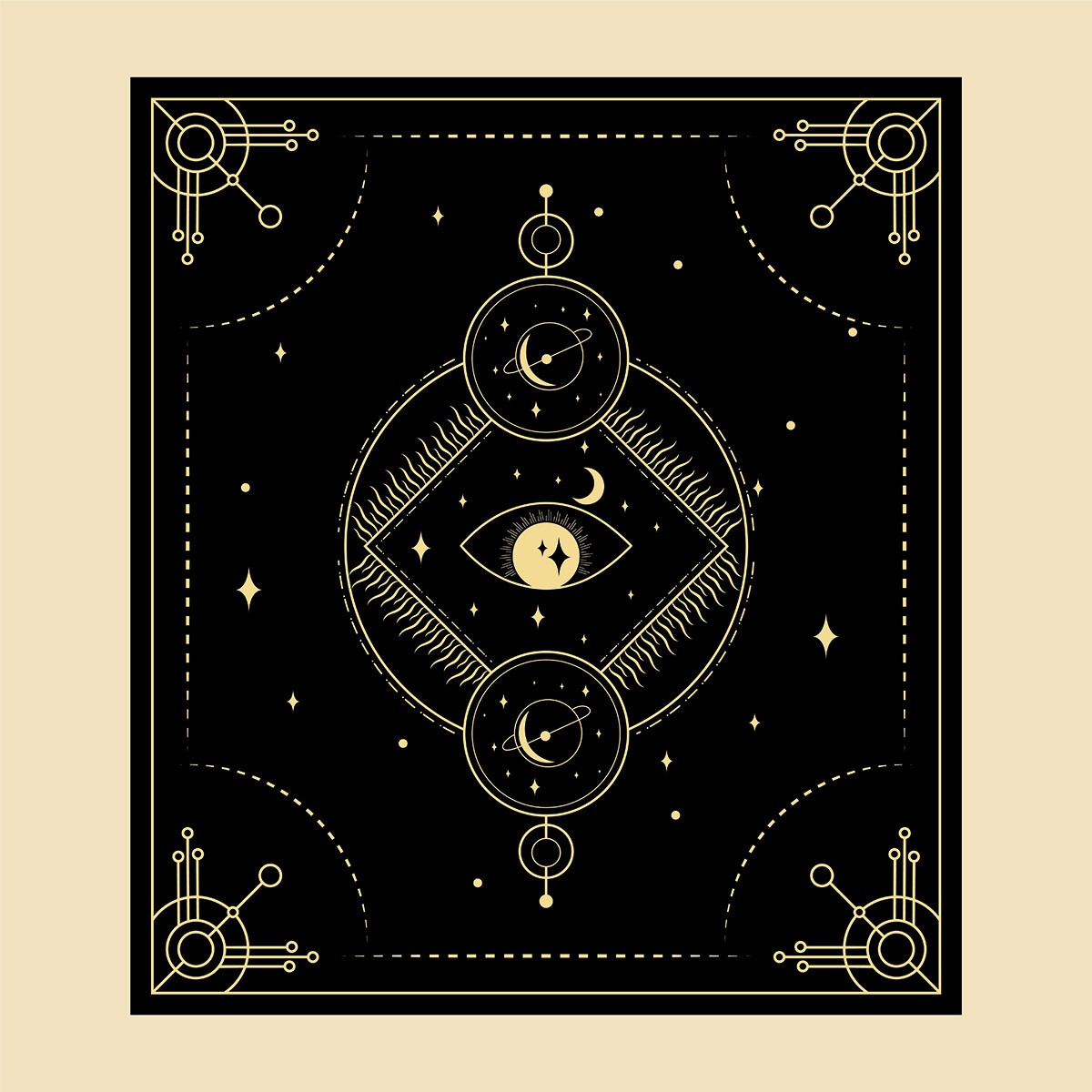 Eine schwarze Grafik zeigt das dritte Auge. In der Grafik sind Planeten, Sonne, Monde und Sterne zu erkennen.