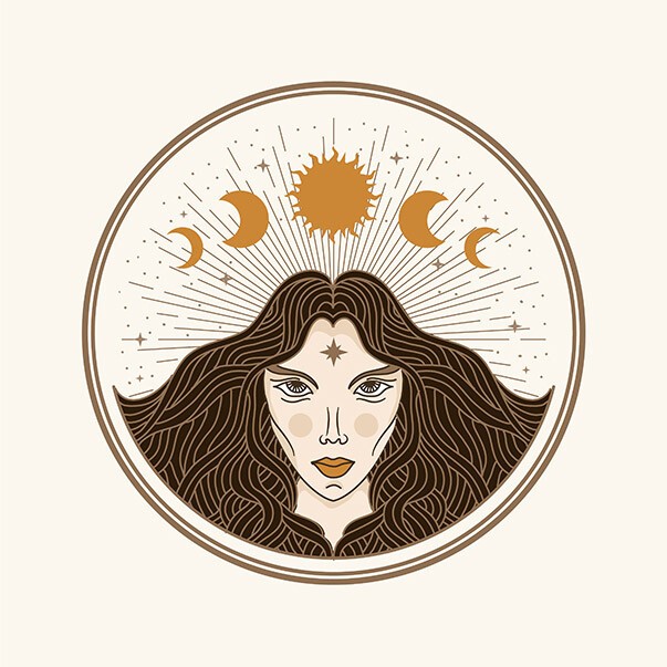 Eine gezeichnete Frau mit braunen, wehenden Haaren hat einen Stern auf ihrer Stirn, er steht für das dritte Auge. Über ihr befinden sich Monde und eine Sonne.