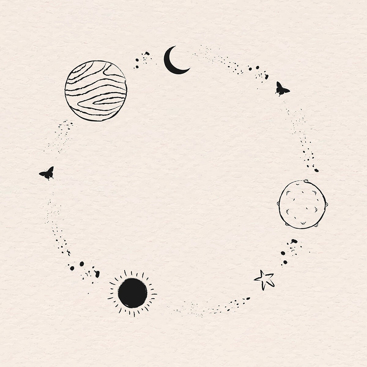 Mehrere gezeichnete Planeten und Sterne sind in einem Kreis angeordnet als Titelbild für den Blogbeitrag 6 Inspirationen, um Deine Wünsche zu manifestieren