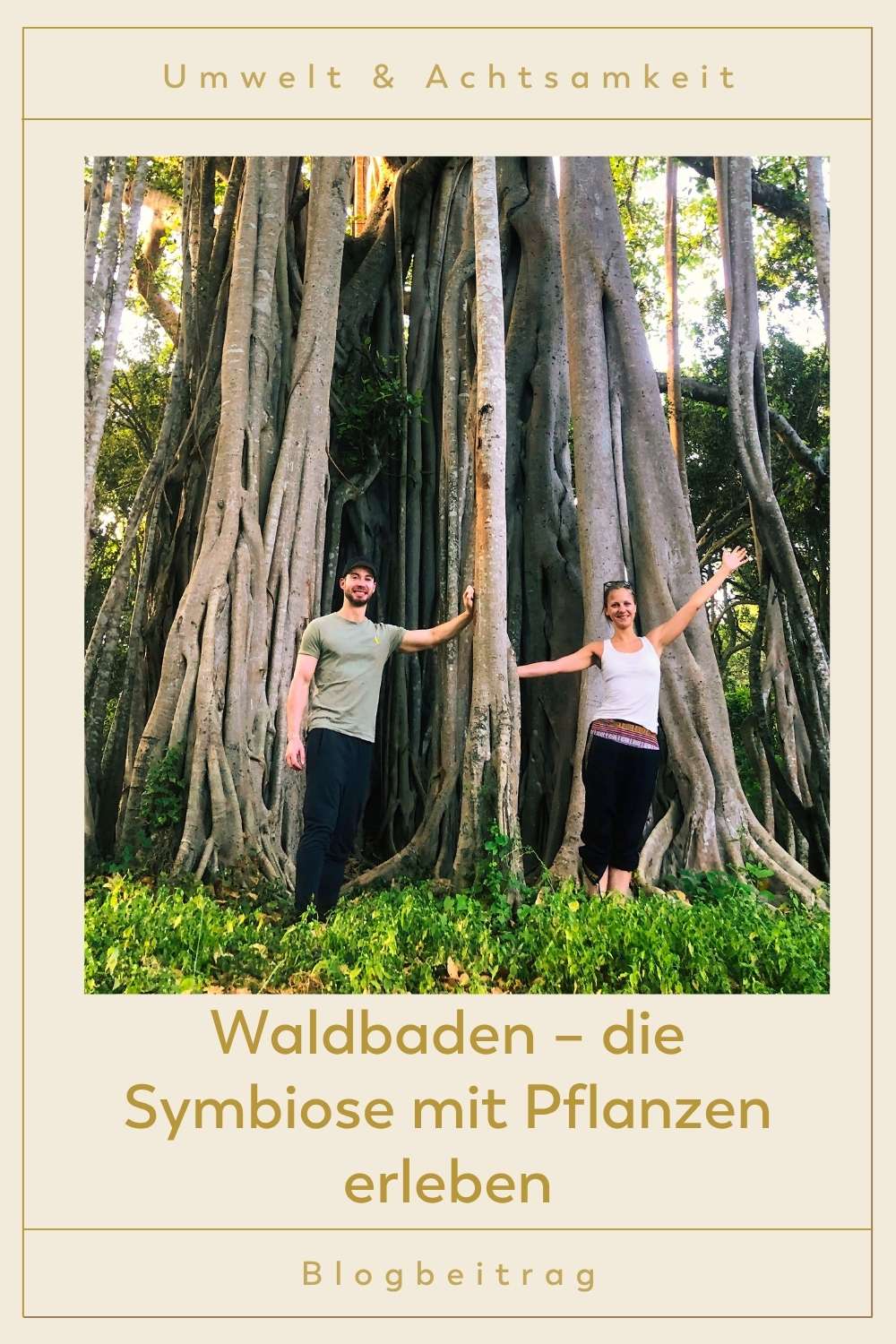Waldbaden – die Symbiose mit Pflanzen erleben Zwei Menschen beim Waldbaden vor einem großen Baum, umgeben von üppiger Natur